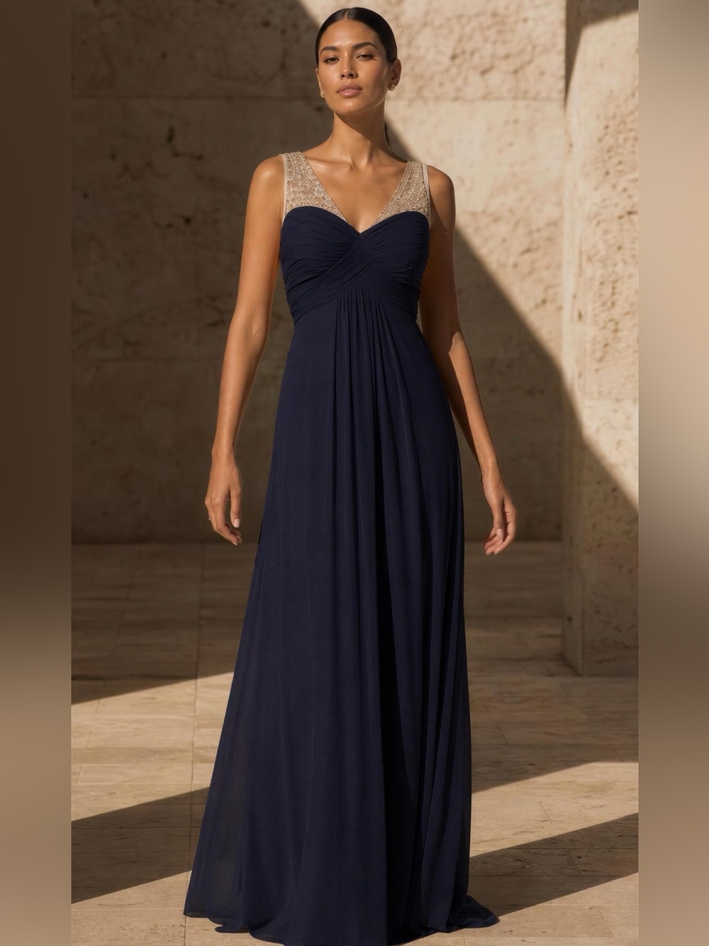 Xscape Navy Maxi Gown with Beaded Cream Straps